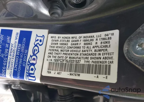 2018 Honda Civic Ex из США, поврежденный, VIN 19XFC2F76JE031537